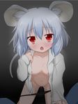  all_fours animal_ears black_hair blush bottomless breasts dress_shirt highres looking_at_viewer medium_breasts mouse_ears mouse_tail nazrin nipple_slip nipples no_bra oden_(th-inaba) open_clothes open_mouth panties panty_pull pov pussy_juice red_eyes shirt short_hair silver_hair simple_background solo tail touhou underwear 