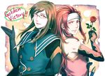  brown_hair coat english flower glasses gloves headband highres jade_curtiss jarako_(gaillardia) long_hair male_focus multiple_boys one_eye_closed red_eyes red_flower red_hair red_rose rose speech_bubble tales_of_(series) tales_of_symphonia tales_of_the_abyss zelos_wilder 