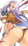  1girl animal_print ass bandeau blue_eyes breasts cameltoe claws earrings facial_tattoo fringe_trim from_behind hair_between_eyes highres hijiri jewelry large_breasts lavender_hair leopard_print leopard_tail long_hair looking_at_viewer looking_back megido72 ose_(megido72) scar smile spread_legs sweat tail tattoo thong very_long_hair 