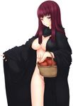  apple areolae basket blush breasts cape cloak closed_mouth eyebrows_visible_through_hair food fruit grimm's_fairy_tales groin highres large_breasts legs long_hair naked_cape no_panties purple_eyes queen_(snow_white) red_hair revision simple_background sleeves_past_wrists snow_white solo thighs white_background yui.h 