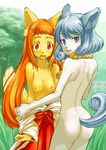  blue_hair breasts butt canine couple duo fear female fox hair help_me japanese_clothing kimono kusomiso lesbian looking_at_viewer mammal nipples orange_hair outside shock shocked standing undressing 
