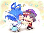  beret black_hair blue_dress blue_eyes blue_hair blush cheek_pull chibi dress hair_ornament hair_rings hair_stick hat husui_parashi jiangshi kaku_seiga kneeling miyako_yoshika multiple_girls ofuda open_mouth outstretched_arms shawl shirt sitting skirt smile touhou vest zombie_pose 