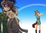  animal_ears blonde_hair blue_eyes blush boots brown_eyes brown_hair gertrud_barkhorn hat helma_lennartz hug long_hair looking_back military military_uniform multiple_girls niina_ryou one_eye_closed original outstretched_arms rainbow smile stretch strike_witches tail tears uniform world_witches_series yuri 