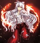  asu_hare bad_id bad_pixiv_id bow fire fujiwara_no_mokou grin hair_bow highres long_hair looking_at_viewer magic pants red_eyes ribbon silver_hair smile solo standing standing_on_one_leg suspenders touhou very_long_hair 