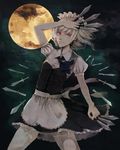  between_fingers braid clona izayoi_sakuya knife maid moon red_eyes solo too_many too_many_knives touhou white_hair 