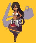  ballista_(sekaiju) boots breasts brown_hair cleavage dark_skin fingerless_gloves full_body gloves long_hair medium_breasts nagisa_kurousagi sekaiju_no_meikyuu sekaiju_no_meikyuu_3 simple_background solo yellow_background yellow_eyes 