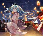  :o bag bagged_fish blue_eyes blue_hair candy_apple festival fish food goldfish hair_ornament hatsune_miku japanese_clothes kimono lantern long_hair night night_sky obi paper_lantern pink_kimono sash sky solo star_(sky) starry_sky tsukii twintails very_long_hair vocaloid yukata 