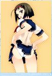  1girl absurdres armpits ass black_hair blue_dress blue_skirt brown_eyes copyright_request dress embarrassed hairband highres murakami_suigun panties panty_pull school_uniform short_hair skirt skirt_lift solo tan tanline underwear wedgie white_panties yellow_background 