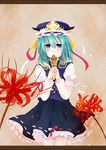  bad_id bad_pixiv_id blue_eyes bow flower frills green_hair hat letterboxed macchi_(pixiv1616079) ribbon rod_of_remorse shiki_eiki shoulder_pads skirt solo spider_lily touhou 