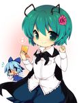  antennae arms_up bad_id bad_pixiv_id blue_dress blue_eyes blue_hair blush cape chibi cirno deyuyama dress flower green_eyes green_hair hair_flower hair_ornament hand_mirror mirror multiple_girls musical_note open_mouth shirt short_hair skirt smile touhou wings wriggle_nightbug 