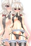  black_legwear black_panties blush braid breasts cameltoe embarrassed frills garter_belt garters izayoi_sakuya legs lingerie maid maid_headdress medium_breasts midriff mouth_hold navel panties panty_pull red_eyes shirokuma_a shirt_lift short_hair solo thighhighs thighs touhou twin_braids underboob underwear undressing white_hair zoom_layer 