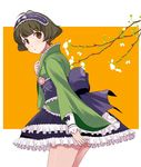  ahoge akizuki_ryou blush bow brown_eyes brown_hair crossdressing green_kimono hairband idolmaster idolmaster_dearly_stars japanese_clothes kimono kimono_skirt lolita_fashion male_focus onion_(lemlaml) open_mouth otoko_no_ko short_hair solo wa_lolita yukata yukata_maid_(idolmaster) 