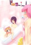  4girls absurdres akaza_akari ass back bathtub black_hair blonde_hair blue_eyes covering funami_yui highres minami_kunimusu multiple_girls nude nude_cover pink_hair red_eyes red_hair short_hair toshinou_kyouko towel when_you_see_it yoshikawa_chinatsu yuru_yuri 