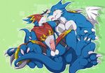  abstract_background armor balls biceps big_muscles big_penis blue_body blue_skin blush claws couple cyber_zai digimon erection exveemon fangs flamedramon gay horn male muscles pecs penis red_eyes sex wings 