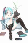  adjusting_hair aqua_eyes aqua_hair detached_sleeves handheld_game_console hatsune_miku headphones highres karei long_hair one_eye_closed playstation_portable sitting skirt solo thighhighs twintails very_long_hair vocaloid wince 