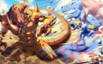  allomon arai_nobu battle claws digimon dinosaur dust geogreymon green_eyes horns motion_blur motion_lines no_humans red_hair sharp_teeth tail teeth tongue wristband yellow_eyes 