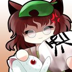  alcohol anger_vein animal_ears bottle brown_hair closed_eyes crossover feeding force_feeding futatsuiwa_mamizou glasses kyubey leaf leaf_on_head mahou_shoujo_madoka_magica pince-nez raccoon_ears red_eyes sake short_hair touhou yume_shokunin 