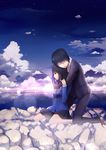  1girl 5_centimeters_per_second absurdres bad_id bad_pixiv_id black_hair brown_eyes closed_eyes cloud couple fs-project hetero highres hug hug_from_behind kneeling school_uniform shinohara_akari sitting sky star_(sky) toono_takaki wariza 