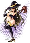 bad_anatomy black_gloves black_hair black_legwear boots breasts cosplay elbow_gloves gloves hat large_breasts long_hair mayo_chiki! navel open_mouth qblade red_eyes solo staff standing standing_on_one_leg suzutsuki_kanade thigh_boots thighhighs witch witch_hat 