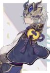  blue_eyes fate/grand_order fate_(series) gao_changgong_(fate) horned_headwear jewelry looking_at_viewer male_focus mask short_hair silver_hair simple_background smile totatokeke 