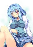  bare_legs blue_hair blue_skirt blush breasts dress long_sleeves looking_at_viewer medium_breasts medium_skirt one_eye_closed print_skirt red_eyes ryokushiki_(midori-ya) short_hair sitting skirt smile solo tatara_kogasa thighs touhou 