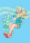  anklet aqua_background aqua_hair bare_shoulders beamed_eighth_notes choker closed_eyes cutie_mark earrings eighth_note hairband jewelry lyra_heartstrings lyre multicolored_hair musical_note my_little_pony my_little_pony_friendship_is_magic open_mouth personification pony quarter_note ribbon sandals shorts staff_(music) treble_clef unicorn wong_ying_chee 
