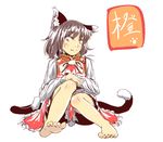  animal_ears barefoot cat_ears cat_tail chen fang feet kabu_(yuyuibob) multiple_tails no_hat no_headwear red_eyes sitting sketch solo tail toes touhou 