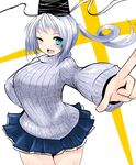  breasts green_eyes han_(jackpot) hat huge_breasts miniskirt mononobe_no_futo one_eye_closed open_mouth ponytail ribbed_sweater short_hair silver_hair skirt smile solo sweater tate_eboshi touhou 