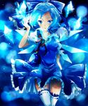  blue_dress blue_eyes blue_hair bow cirno covered_nipples dress frilled_dress frills hair_bow hair_ribbon hands highres ice ice_wings looking_at_viewer negiko older panties pantyshot pantyshot_(standing) ribbon short_hair solo standing thighhighs touhou underwear white_legwear white_panties wings 