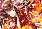  blood fangs fire hannya highres hinomoto_oniko horns long_hair mask original petals sarashi shijuu_hachi solo sword tassel torn_clothes weapon 