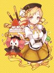  blonde_hair cake charlotte_(madoka_magica) cookie corset cup detached_sleeves drill_hair drinking fingerless_gloves food fruit gloves hair_ornament hat himaya long_hair macaron mahou_shoujo_madoka_magica miniskirt pleated_skirt pocky puffy_sleeves ribbon skirt slice_of_cake strawberry strawberry_shortcake teacup thighhighs tomoe_mami twin_drills twintails wafer_stick yellow_background yellow_eyes yellow_skirt 
