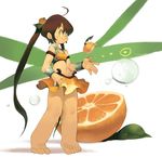  arancia bad_feet bare_shoulders barefoot brown_hair food fruit highres koki_(ryoushikiha) long_hair midriff miniskirt orange orange_skirt original skirt smile solo toes twintails very_long_hair 