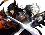  armor black_hair coat gaius_(tales) gauntlets grey_eyes hair_ornament katana male_focus multiple_boys red_eyes starshadowmagician surcoat sword tales_of_(series) tales_of_xillia weapon white_background white_hair wingul_(tales) 