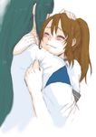  1girl blush brown_hair closed_eyes haku_(sen_to_chihiro_no_kamikakushi) hand_on_another's_head happy hug long_hair ogino_chihiro ponytail sen_to_chihiro_no_kamikakushi tears teenage tsukito 