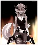  belt breasts canine cigarette cleavage clothing dual_wielding fingerless_gloves gloves gun looking_at_viewer necklace pinup pose ranged_weapon shirt silverdeni smoking solo standing tank_top torn_clothing weapon wolf 