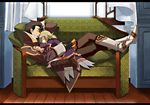  1girl alvin_(tales) blush boots brown_hair closed_eyes coat couch crossed_legs curtains dress elize_lutus full_body gloves knee_boots pants pillow sitting sleeping tales_of_(series) tales_of_xillia teepo_(tales) tktg window 