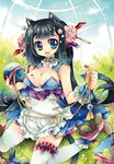  :d animal_ears bad_id bad_pixiv_id ball black_hair blue_eyes bow breasts cleavage fingernails flower full_body hair_flower hair_ornament hairpin happy kneeling leaf long_hair medium_breasts open_mouth original ribbon sana.c shoes sitting smile solo thighhighs wariza white_legwear wrist_cuffs 