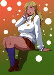  blonde_hair breasts brown_eyes candy food food_in_mouth ganguro ganto hair_ornament hairclip large_breasts lollipop long_hair original plump school_uniform sitting skirt solo 