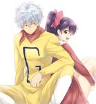  1boy 1girl 70s black_hair blue_hair bow brown_eyes chargeman_ken! cosplay frown gintama glasses hair_bow izumi_caron izumi_caron_(cosplay) izumi_ken izumi_ken_(cosplay) knack long_hair looking_back maruki_(punchiki) oldschool open_mouth ponytail punchiki red_eyes sakata_gintoki scarf shimura_shinpachi short_hair simple_background sitting smile white_background 