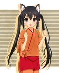  animal_ears bad_hands bad_id bad_pixiv_id black_hair brown_hair cat_ears clenched_hands cosplay hanasaku_iroha highres japanese_clothes k-on! kissuisou_uniform long_hair looking_at_viewer nakai_(waitress) nakano_azusa open_mouth round_teeth ryoutan solo teeth twintails 