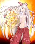 bow breasts dress_shirt fire fujiwara_no_mokou hair_bow hand_in_pocket highres ise_(0425) long_hair navel no_bra open_clothes open_shirt pants red_eyes shirt silver_hair small_breasts smile solo suspenders torn_clothes touhou very_long_hair 