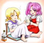  alcohol barefoot beer blonde_hair bottle closed_eyes dress luize multiple_girls pink_hair ponytail red_dress sara_(touhou) seiza short_hair short_sleeves side_ponytail sitting touhou touhou_(pc-98) white_dress yamimunemitsu 