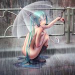  aqua_hair ass back bdsm blue_hair blush boots bullying commentary_request cuffs full_body gradient_hair handcuffs hatsune_miku knee_boots long_hair looking_at_viewer multicolored_hair nail_polish nude outdoors public_nudity purple_eyes rain rubber_boots solo squatting transparent transparent_umbrella twintails umbrella very_long_hair vocaloid wokada 