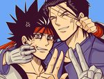  anger_vein cheek_pinching gloves hair_pull kuroto0101 male_focus multiple_boys pinching rurouni_kenshin sagara_sanosuke saitou_hajime_(rurouni_kenshin) v 