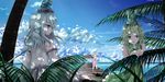  bad_id bad_pixiv_id blue_hair boots cloud contemporary dappled_sunlight day dclockwork detached_sleeves dress from_behind green_eyes hat headphones highres japanese_clothes kariginu mononobe_no_futo multiple_girls ocean outdoors palm_tree pier plant profile shade sky sleeveless soga_no_tojiko sunlight tate_eboshi touhou toyosatomimi_no_miko tree water 