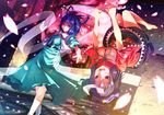  barefoot black_skirt blue_dress blue_eyes blue_hair blue_skirt cherry_blossoms chinese_clothes dress frilled_skirt frills hair_ornament hair_ribbon hair_rings hair_stick hat jiangshi kaku_seiga medium_skirt miniskirt miyako_yoshika multiple_girls ofuda outstretched_arms petals ribbon ryosios shawl short_hair skirt smile touhou upside-down zombie_pose 