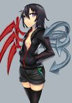  asymmetrical_wings black_hair black_legwear blush breasts cellphone_charm cellphone_strap cleavage contemporary gia hair_ornament hairclip hands_in_pockets highres hood hoodie houjuu_nue looking_at_viewer no_bra purple_eyes short_hair shorts simple_background small_breasts solo thighhighs touhou ufo unzipped wings 