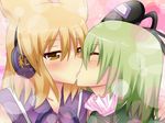  bad_id bad_pixiv_id blonde_hair closed_eyes earmuffs green_hair hat kiss multiple_girls shinekalta soga_no_tojiko touhou toyosatomimi_no_miko yellow_eyes yuri 