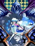  armband armor bad_id bad_pixiv_id bare_shoulders belt blue_eyes blue_hair cafe_au_lait_(kafeore) cape checkered checkered_background cloud fighting_stance glint gloves highres magical_girl mahou_shoujo_madoka_magica miki_sayaka oktavia_von_seckendorff short_hair sky solo spoilers star sword thighhighs weapon zettai_ryouiki 