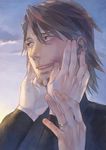  bodysuit brown_eyes brown_hair facial_hair grin hands_on_another's_face honny_joy jewelry kaburagi_t_kotetsu male_focus ring short_hair smile stubble tiger_&amp;_bunny wedding_band 